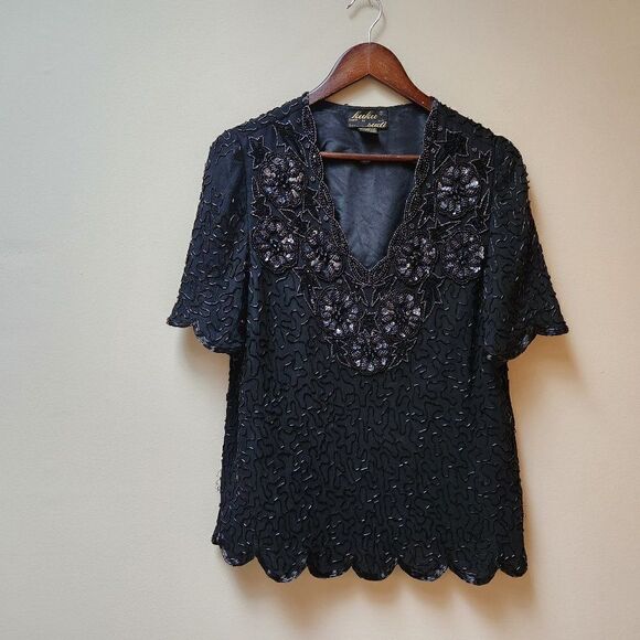 vintage black sequinned holiday blouse - Picture 3 of 7